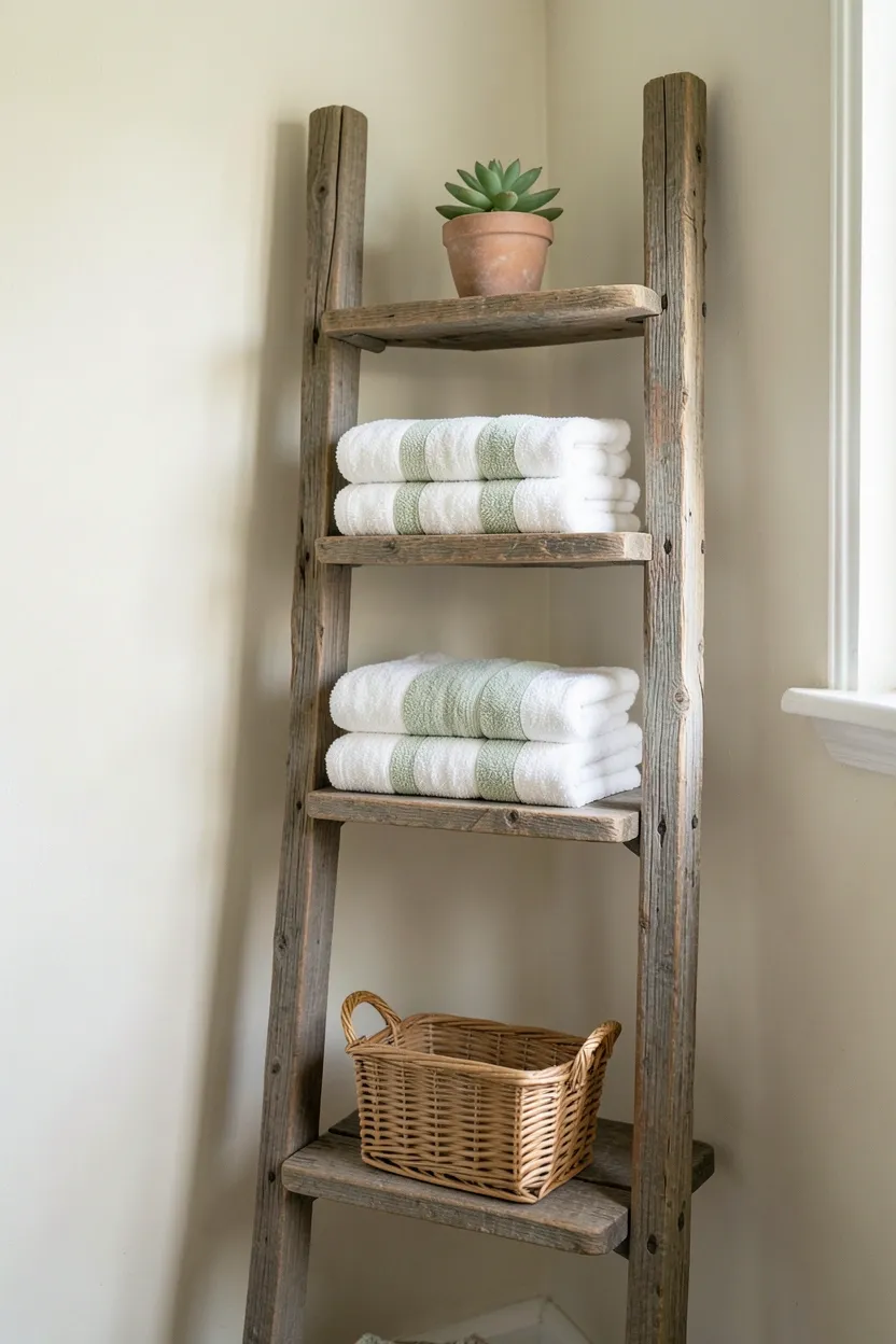 Hyper-realistic eye-level photograph of boho bathroom corner with wooden ladder shelf leaning against cream wall, featuring four rungs holding neatly folded white and sage towels, small potted succulent on top rung, small wicker basket on bottom rung. Natural light. Materials: weathered natural wood, cotton towels, ceramic pot, wicker. Rustic functional boho storage. Authentic aged wood texture. No text, no logos, no watermarks.</p>