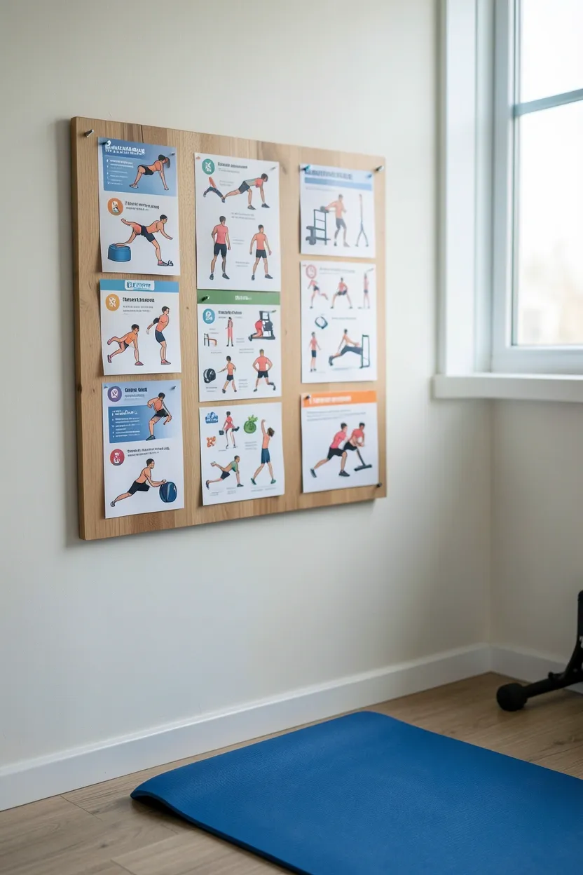Set of illustrated bodyweight exercise cards arranged on a small wall-mounted board in a home workout corner — no-equipment training reference