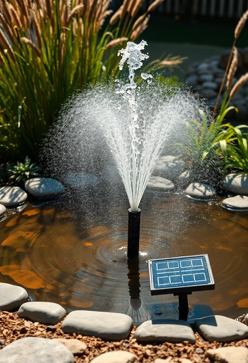 Small backyard pond with a solar-powered fountain spraying water in a gentle arc, surrounded by river stones and ornamental grasses