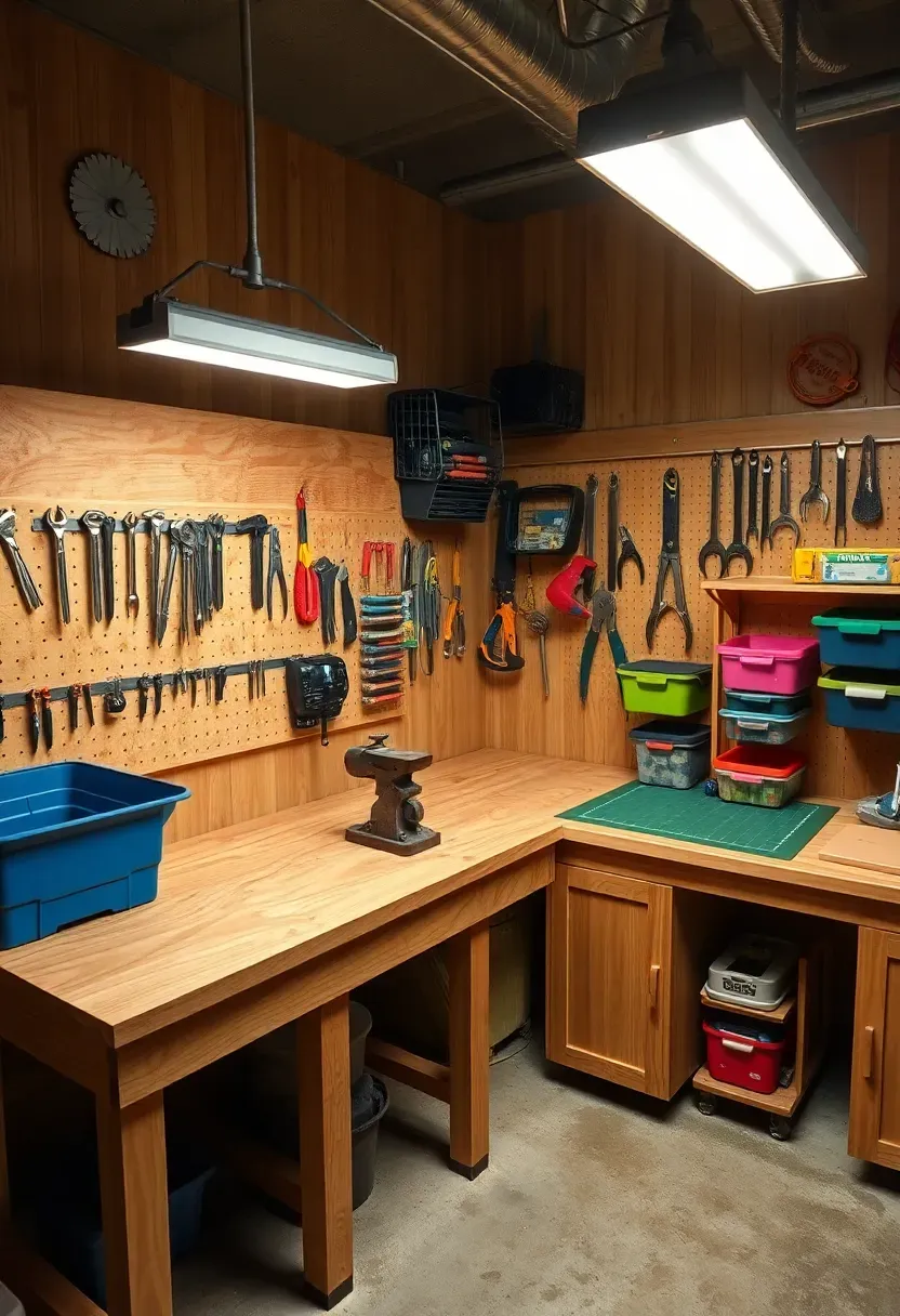 Basement workshop and craft corner with a sturdy workbench, pegboard tool wall, craft table with storage bins, and bright overhead LED shop lights