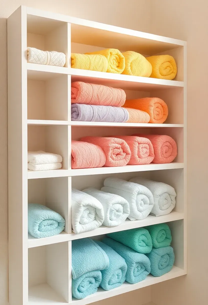 Open shelving displaying rolled towels in rainbow pastel colors organized by hue