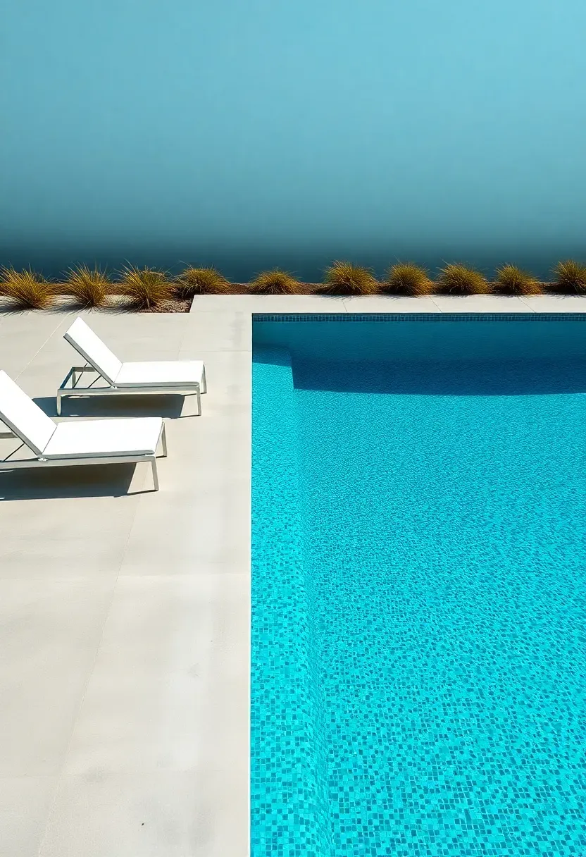 Rectangular backyard lap pool with poured concrete surround, lounge chairs, and minimal landscaping