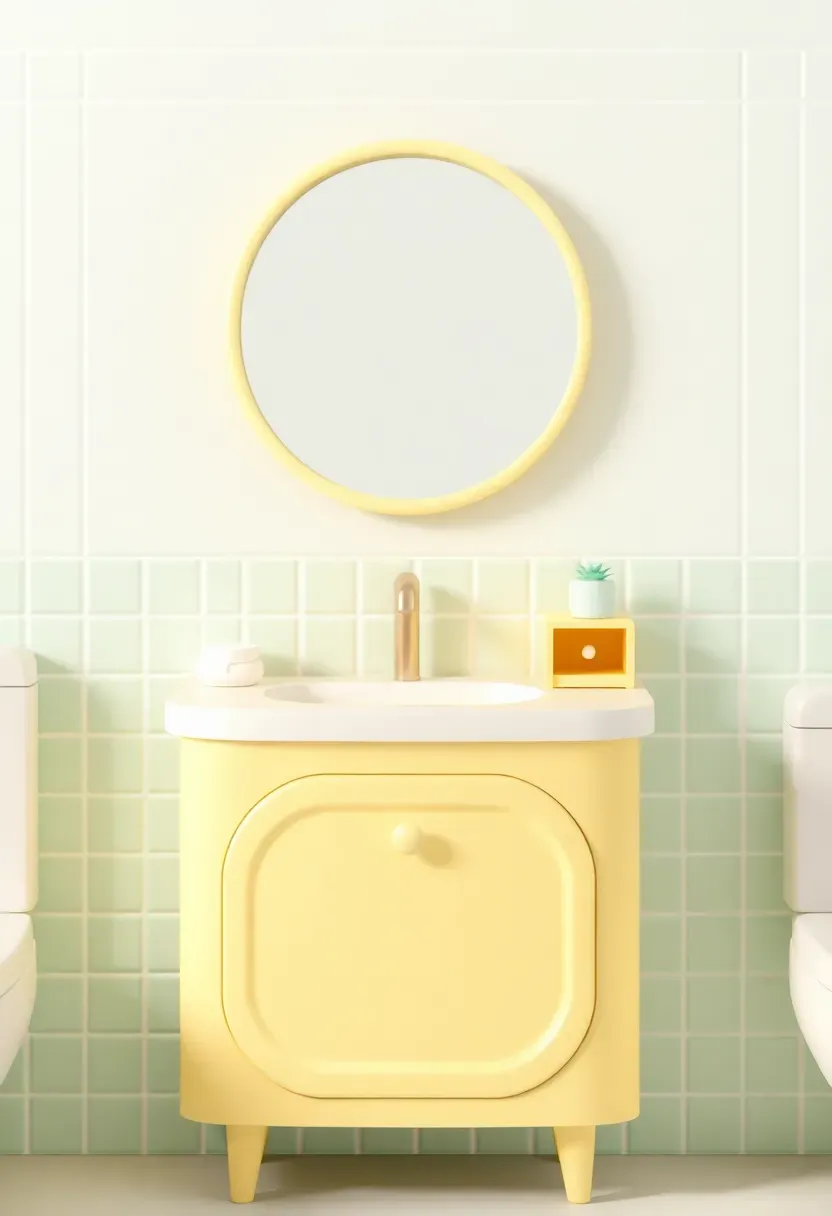 Compact pastel yellow vanity with built-in mirror cabinet storage in a small Toca Boca style apartment bathroom