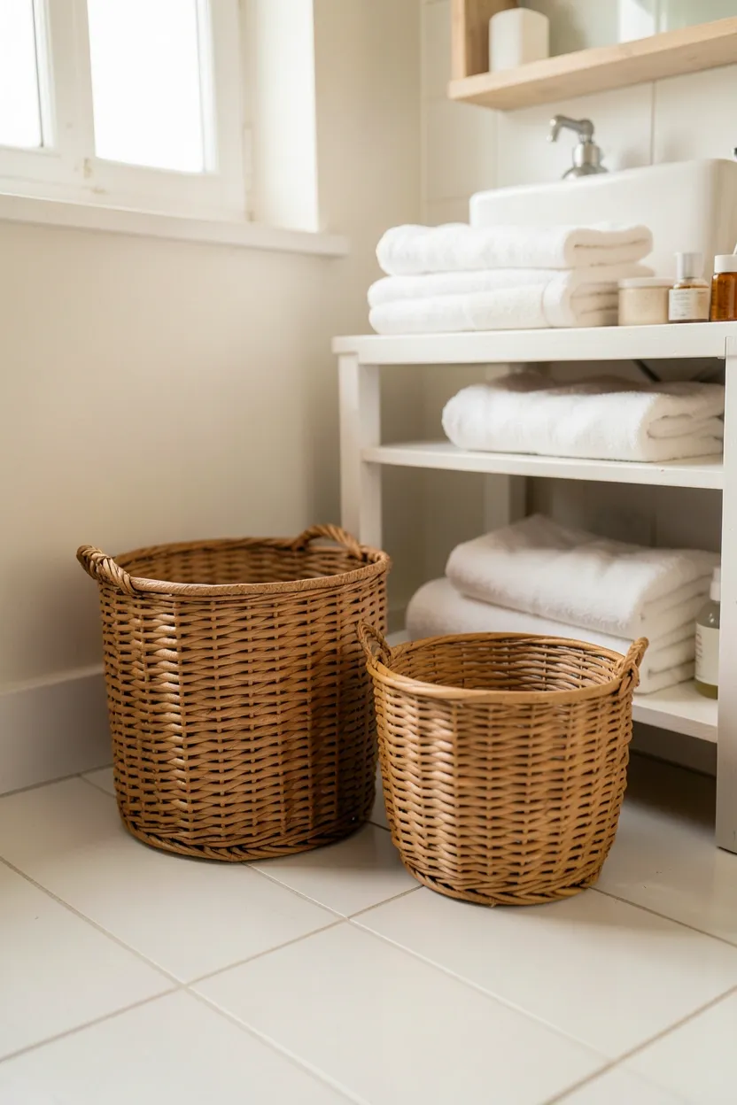 Woven seagrass baskets on bathroom shelves holding folded towels and toiletries in a renter-friendly bathroom