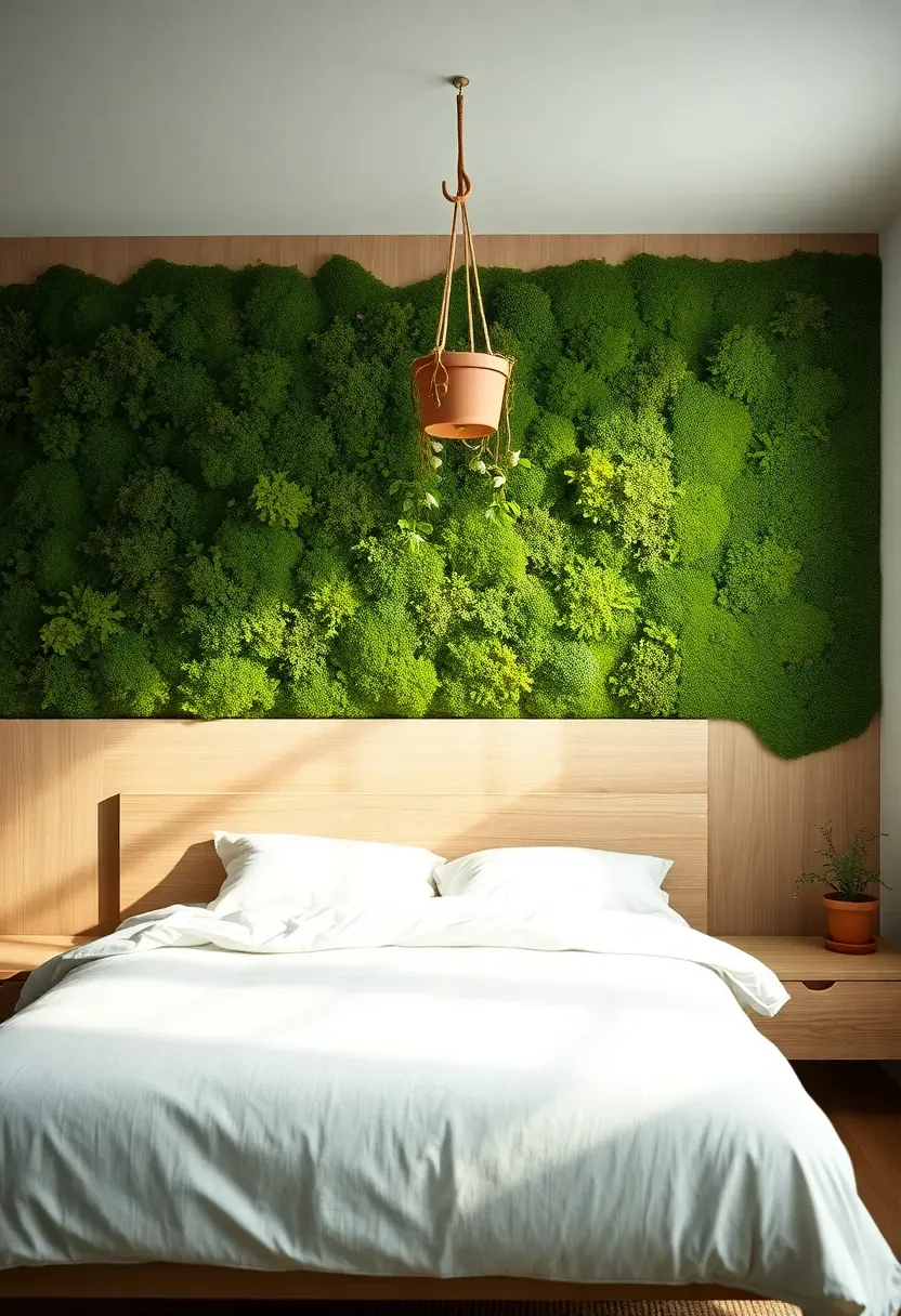 biophilic bedroom with preserved moss wall accent in rich green tones behind a natural wood bed frame with hanging plants and soft natural light