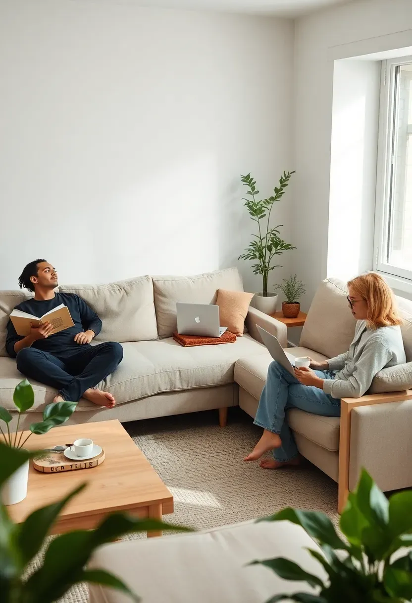 Hyper-realistic 3/4 view of a simplified living room showing people (one reading physical book, one working on laptop, one drinking tea) engaged in separate peaceful activities. Clean surfaces, plants, natural light. No visible phones or screens except the laptop being used intentionally. Materials: linen sofa, light wood furniture, plants, ceramic mugs. Soft afternoon light creating serene contemplative atmosphere. Kinfolk magazine lifestyle photography showing mindful technology use. No text, no logos, no watermarks.</p>