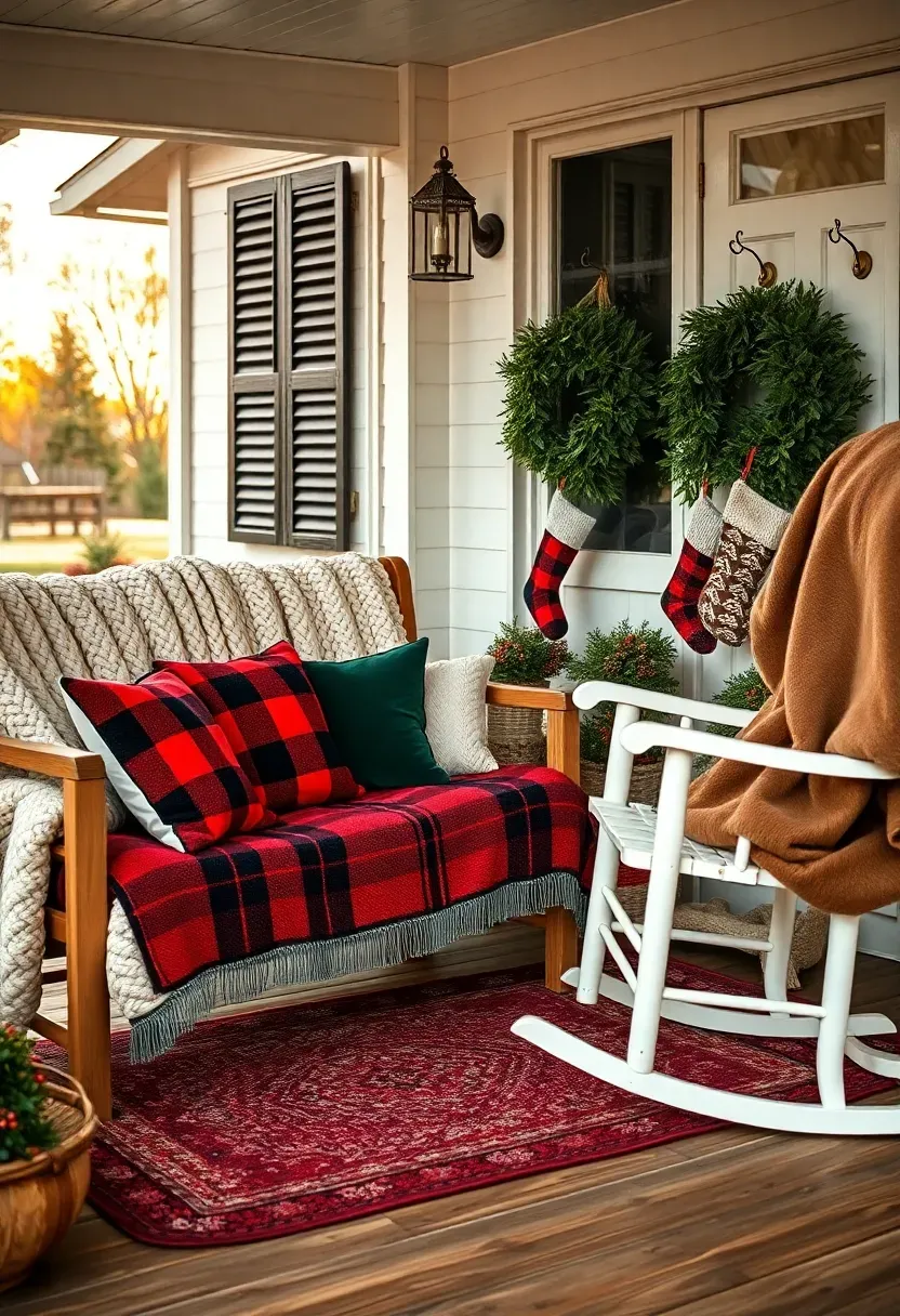 Hyper-realistic 3/4 view of a textile-layered front porch Christmas display. Materials: chunky cream cable-knit blankets, red and black buffalo check wool pillows, forest green velvet cushions on a wooden porch settee, vintage-inspired braided outdoor rug in reds and creams, faux fur throw draped over a white rocking chair, knit stockings in varied patterns hanging from brass hooks. Warm golden hour sunlight (4000K), wood plank porch flooring, white farmhouse exterior with black shutters. Cozy hygge mood like PB Teen holiday catalog. Shallow depth of field, sharp details on knit textures and fabric weaves, layered inviting composition. No text, no logos, no watermarks.</p>