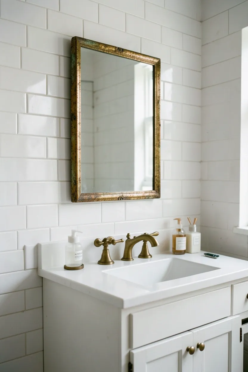Hyper-realistic eye-level photograph of a rustic bathroom featuring rectangular mirror with aged brass frame and patina, mounted on white subway tile wall, white vanity with brass hardware, small accessories on counter. Natural light. Materials: aged brass metal frame, white ceramic tiles, brass fixtures, white wood cabinet. Warm brass patina. Authentic aged metal details. No text, no logos, no watermarks.</p>