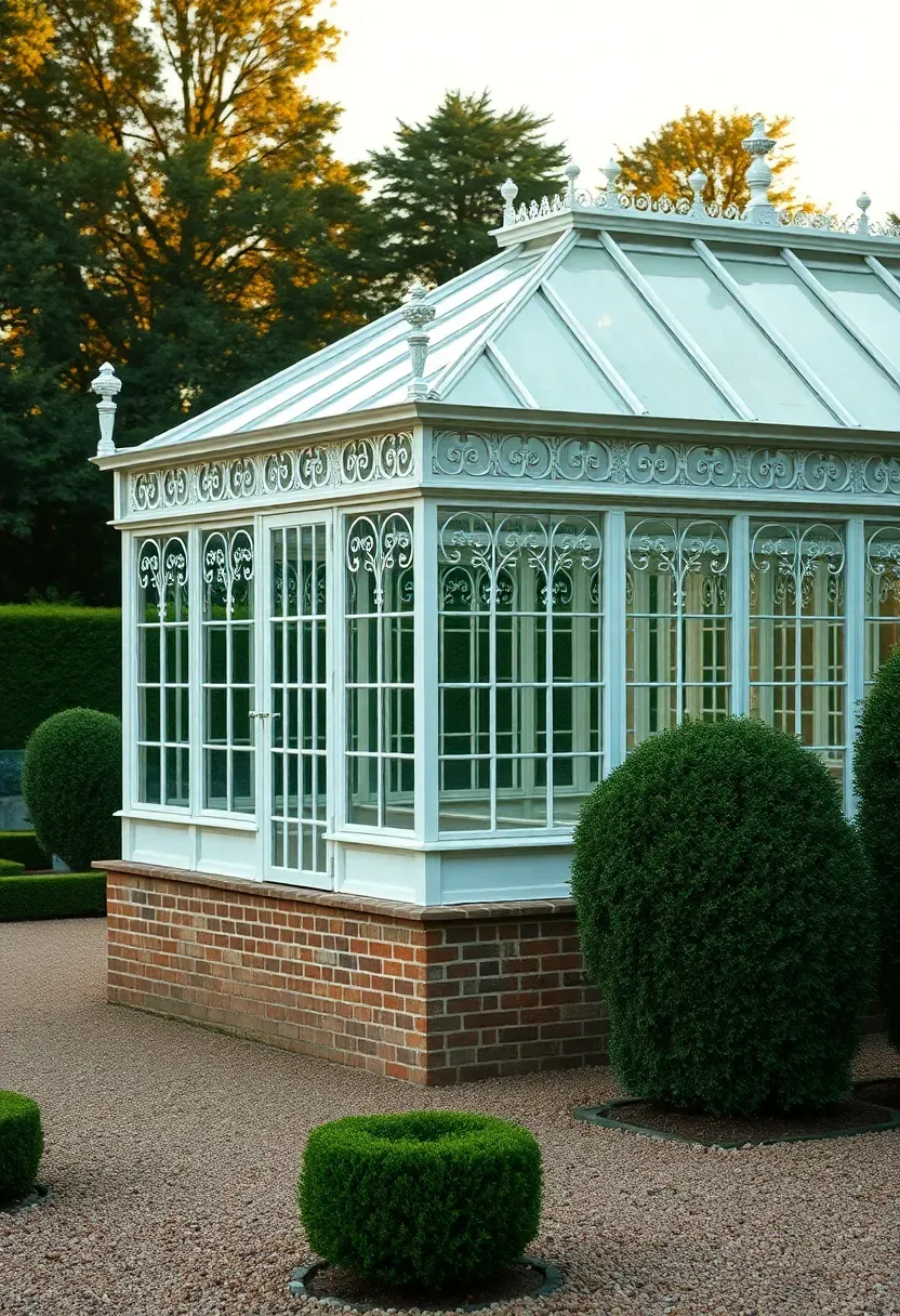 An ornate Victorian-style glass greenhouse with white iron framing decorative ridge cresting and brick foundation in a manicured garden