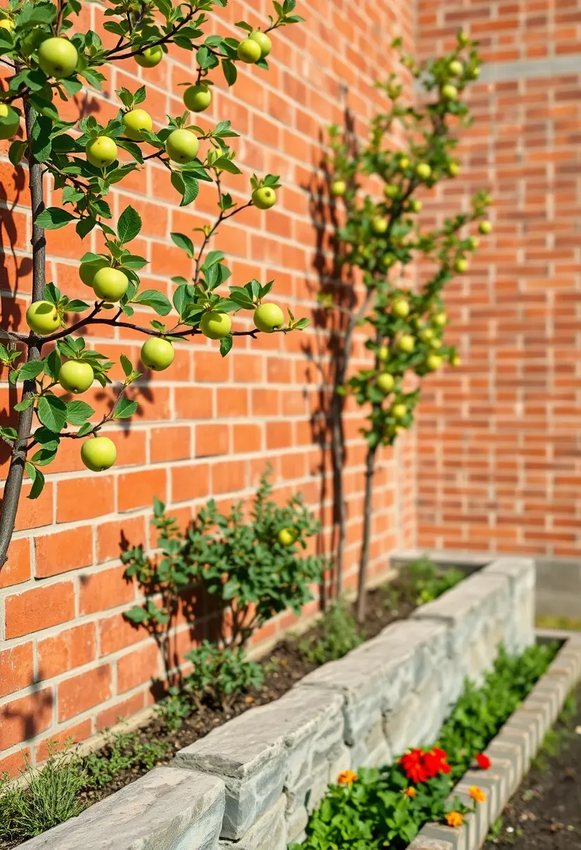 Espalier fruit trees trained flat against a sunny brick wall with a narrow raised planting bed at the base holding herbs and low flowers along a garden border