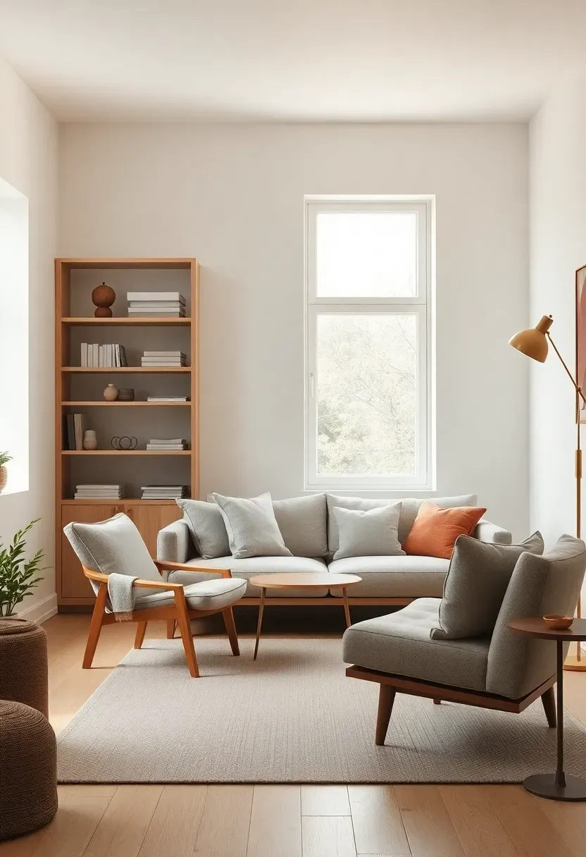 Window-facing layout with low seating and open shelves