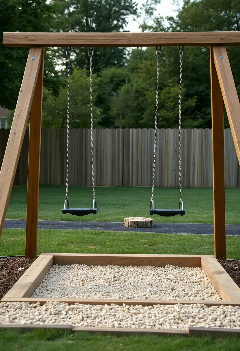 A backyard swing set with three swings on an A-frame structure, surrounded by a clearly marked fall zone of engineered wood fiber