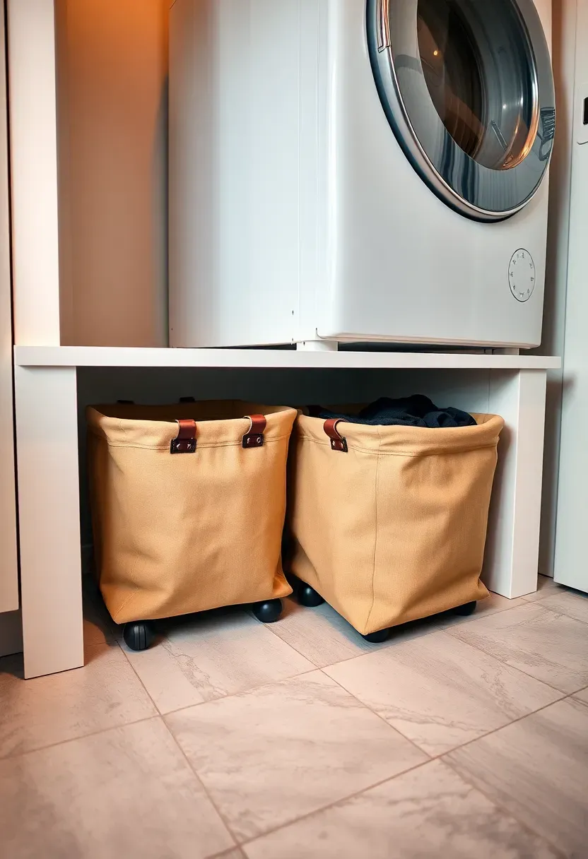 Rolling hamper bins on casters tucked beneath a stacked washer dryer unit in a tidy white laundry room