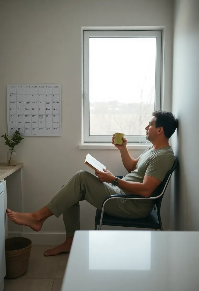 Hyper-realistic view of time abundance through extreme minimalism. Person relaxing in simple minimalist space with abundant free time: reading, drinking tea, looking out window, no visible rushing or multitasking. Calendar on wall showing very few commitments. Empty counter space suggests no家务 burden. No visible technology demanding attention. Time richness mood showing how extreme minimalism in possessions creates freedom to enjoy life rather than maintain it.</p>