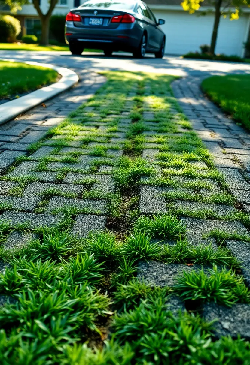 Two parallel paver tire tracks forming a residential driveway with green turf growing between and alongside them in a suburban front yard
