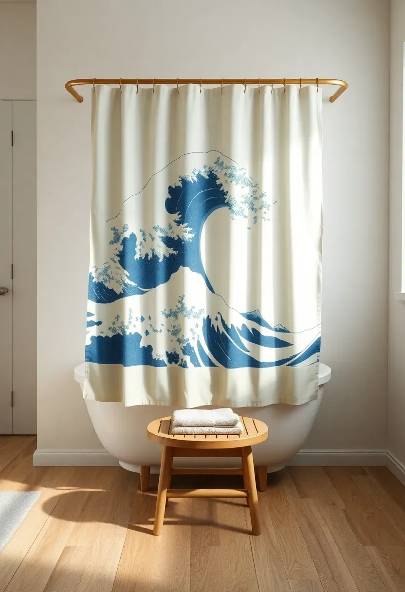 Fine art print shower curtain featuring a classic Japanese wave painting hung as a decorative element in a minimalist bathroom