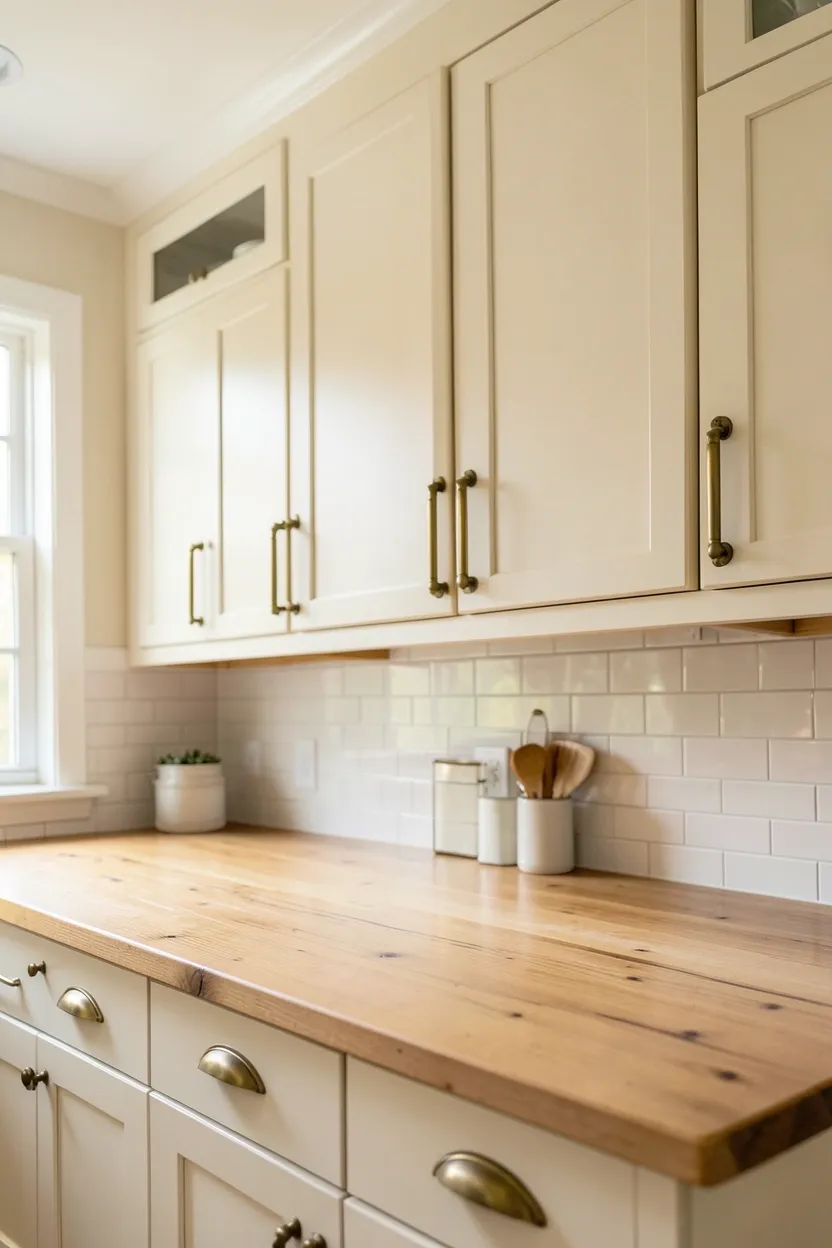 Creamy white shaker cabinets with antique brass hardware in a bright old farmhouse kitchen