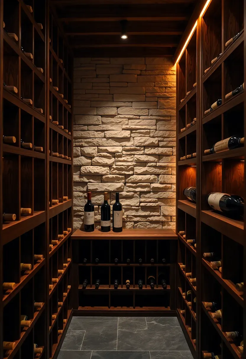 Small basement wine cellar nook with floor to ceiling wooden wine racks, stone accent wall, and warm amber lighting