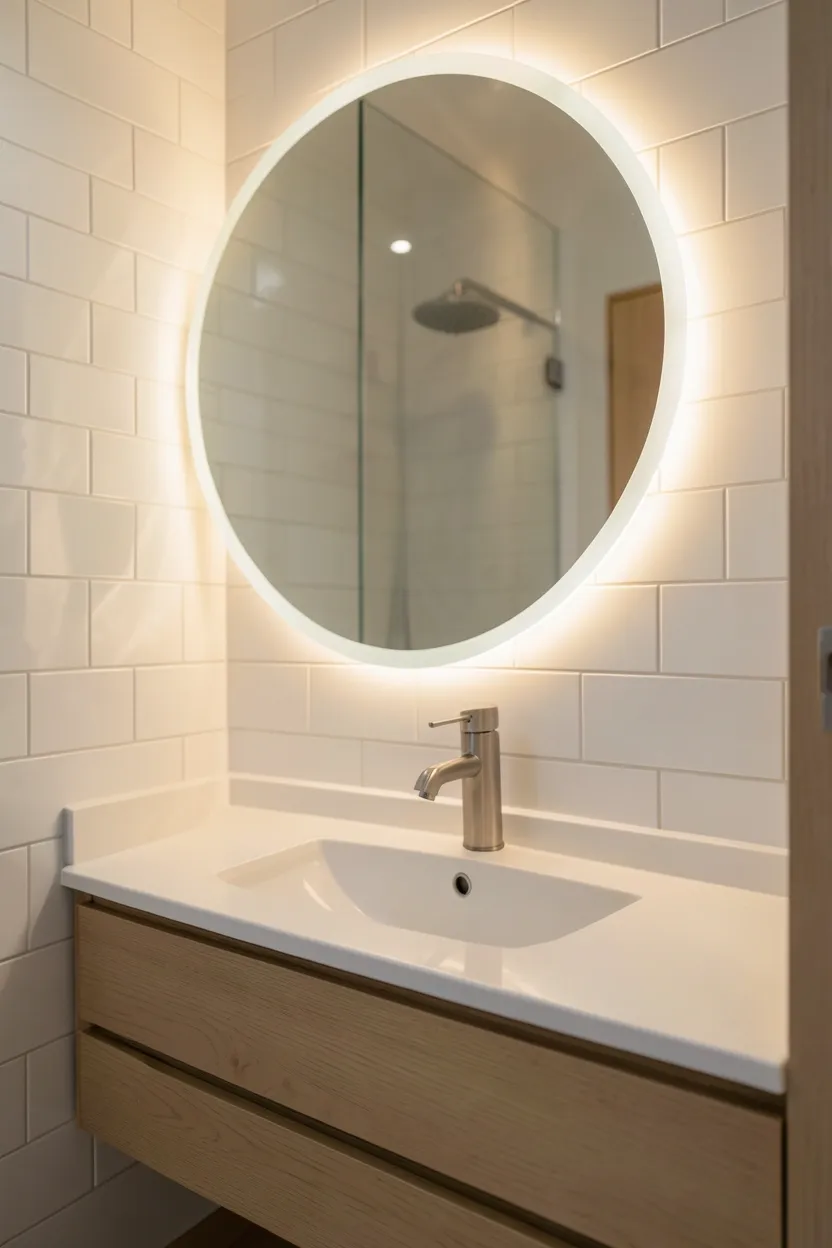 Large round LED-backlit mirror with warm halo glow above floating oak vanity and white subway tile wall in minimalist bathroom