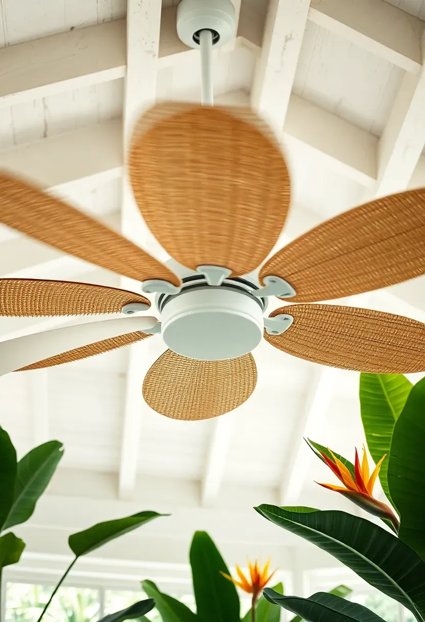 Ceiling fan with wide woven rattan blade covers spinning gently in a bright sunroom with whitewashed ceiling beams and tropical plants below