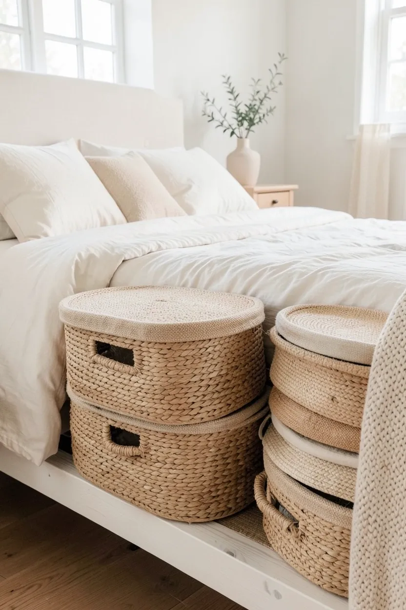 Woven seagrass storage baskets with lids tucked under a bed frame in a tidy scandinavian farmhouse bedroom