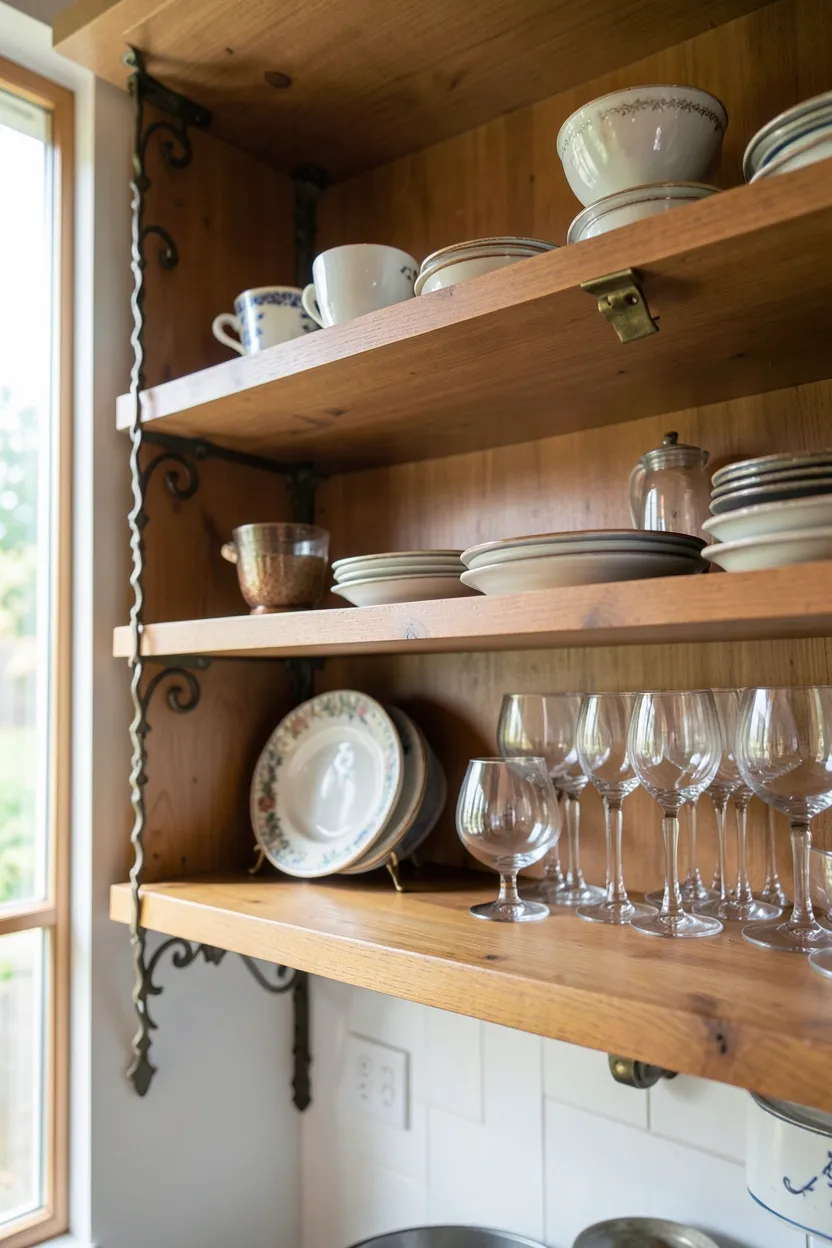 Natural wood open kitchen shelves on scrolled vintage-style iron brackets displaying curated vintage dishes and glassware