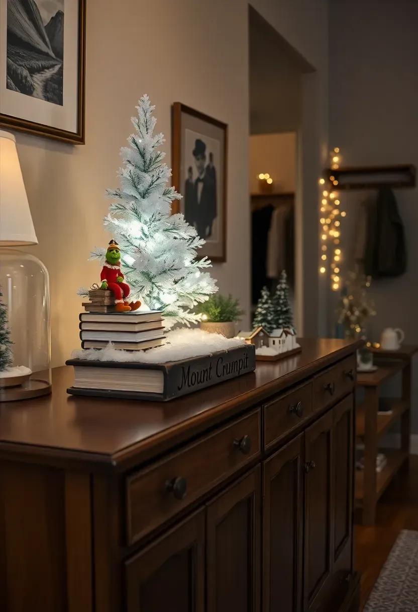 Hyper-realistic wide shot of a wooden sideboard displaying a Mount Crumpit themed vignette, small white flocked tree on raised platform with white cotton batting snow beneath, white LED string lights wrapped in tree, small Grinch character figurine perched on stack of books overlooking scene, wooden sign reading 