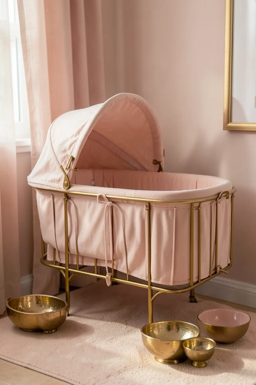 Industrial-style nursery corner with black metal pipe shelves holding white storage baskets and baby essentials in a modern master bedroom