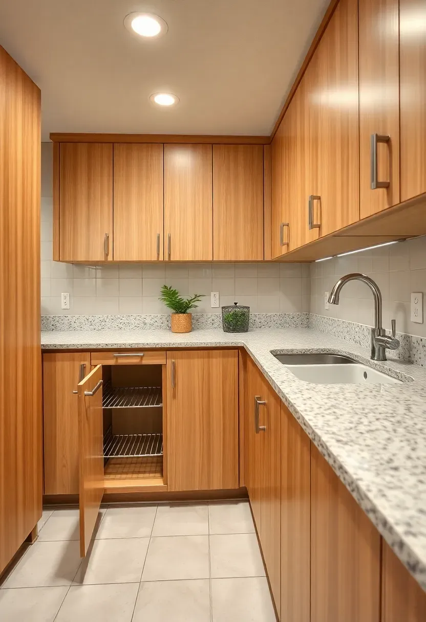 Accessible basement in-law suite kitchen with lower counter heights, pull-out shelving, lever-handle faucet, and wide clearances