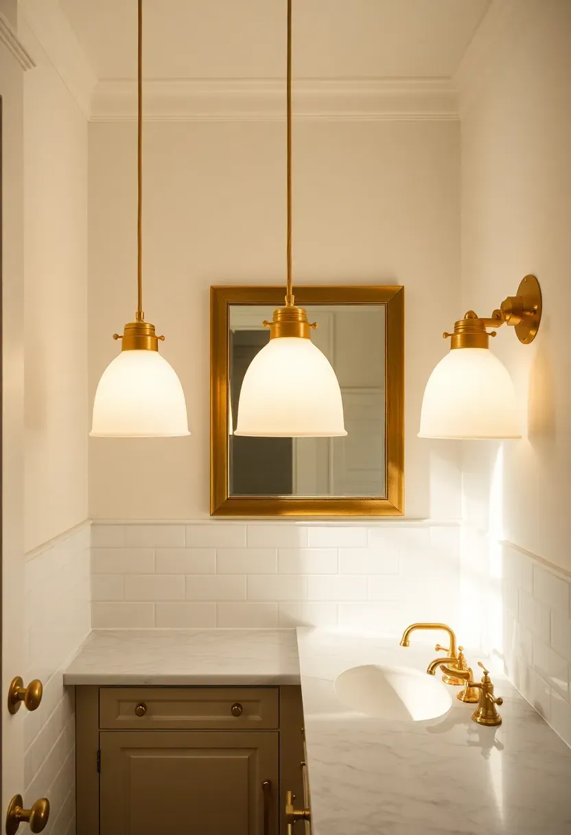 Three opal glass schoolhouse-style pendants hanging in a row above a traditional bathroom vanity with subway tile