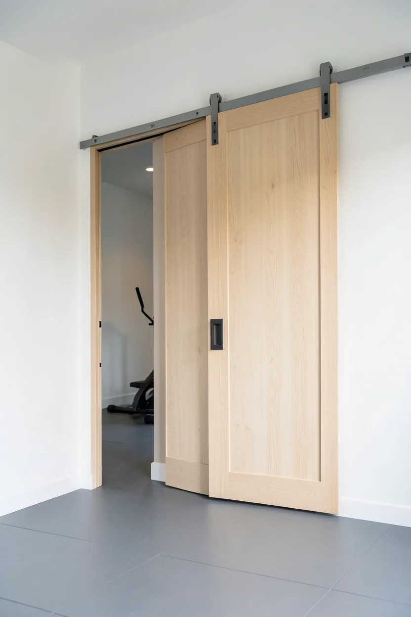 Sliding barn doors open to reveal a hidden small gym room with pull-up bar, foldable bench, and wall-mounted equipment — concealed home workout space