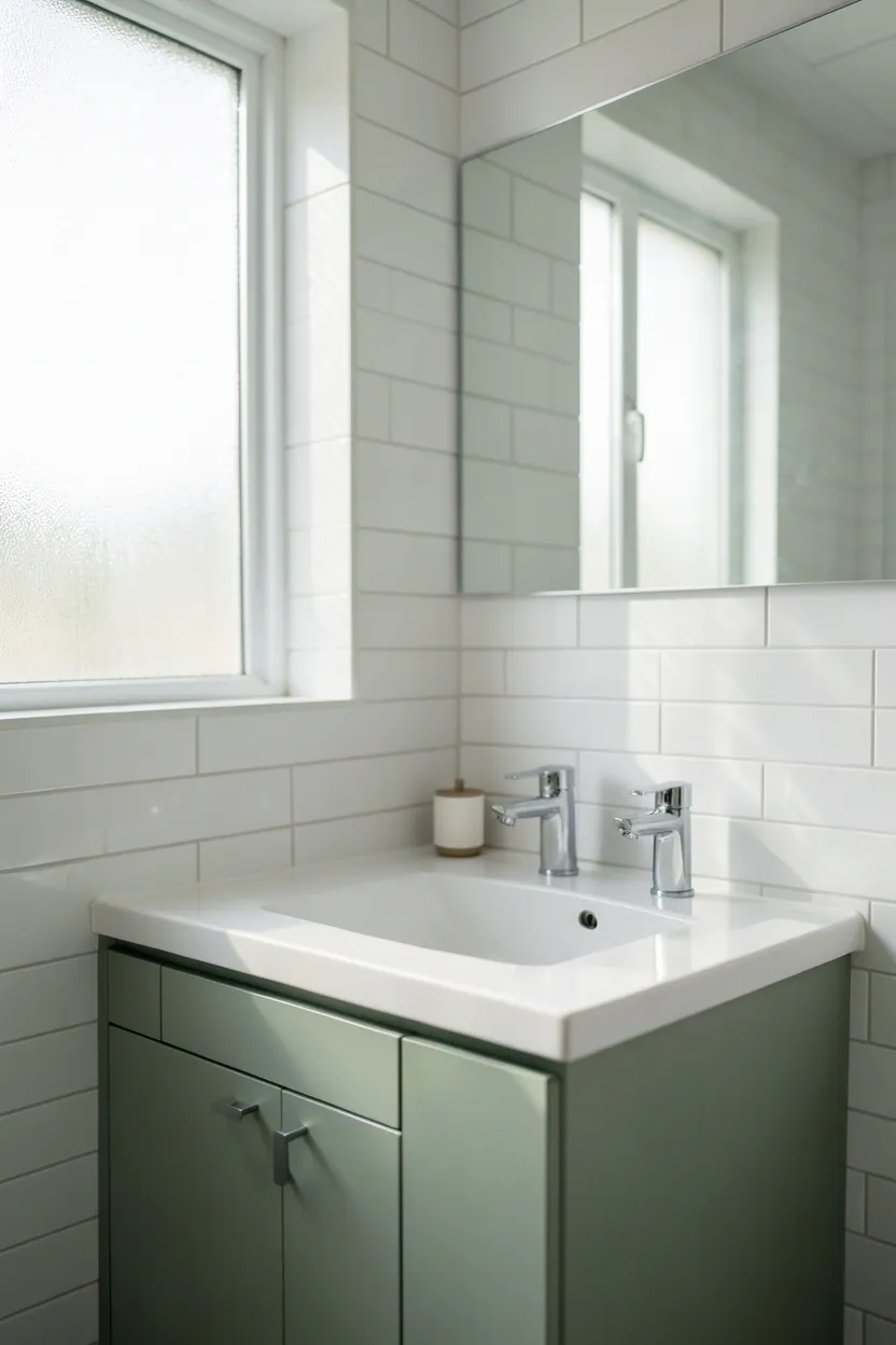 Rental bathroom with soft sage green vanity wall, white tiles, and brass fixtures — calming apartment bathroom color idea
