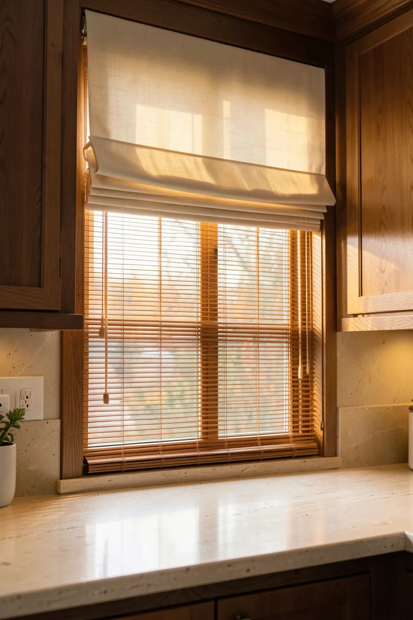 Hyper-realistic eye-level photograph of a kitchen with warm neutral window treatments. Large window features cream Roman shades with warm-toned lining filtering soft autumn daylight. Warm oak woven wood blinds mounted inside provide light control while adding natural warmth. Upper cabinets in warm walnut frame the window. Countertop in honed travertine in warm cream. Warm ambient lighting creates cozy autumnal glow. Visible warm neutral tones throughout space. Soft shadows cast by blinds and shades. No text, no logos, no watermarks.</p>