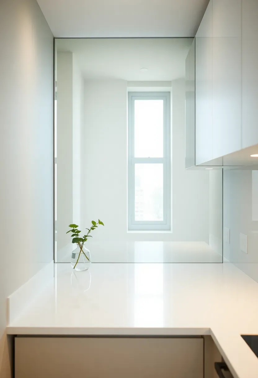 mirrored glass backsplash panel reflecting light in a narrow dark apartment kitchen