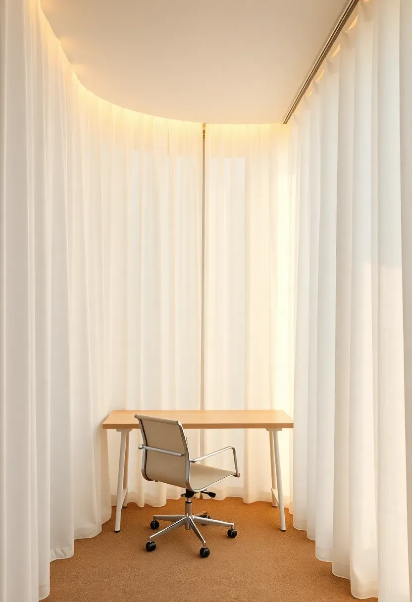 Basement office with a full-height sheer white curtain wall softly backlit with LED strips, creating a diffused glow