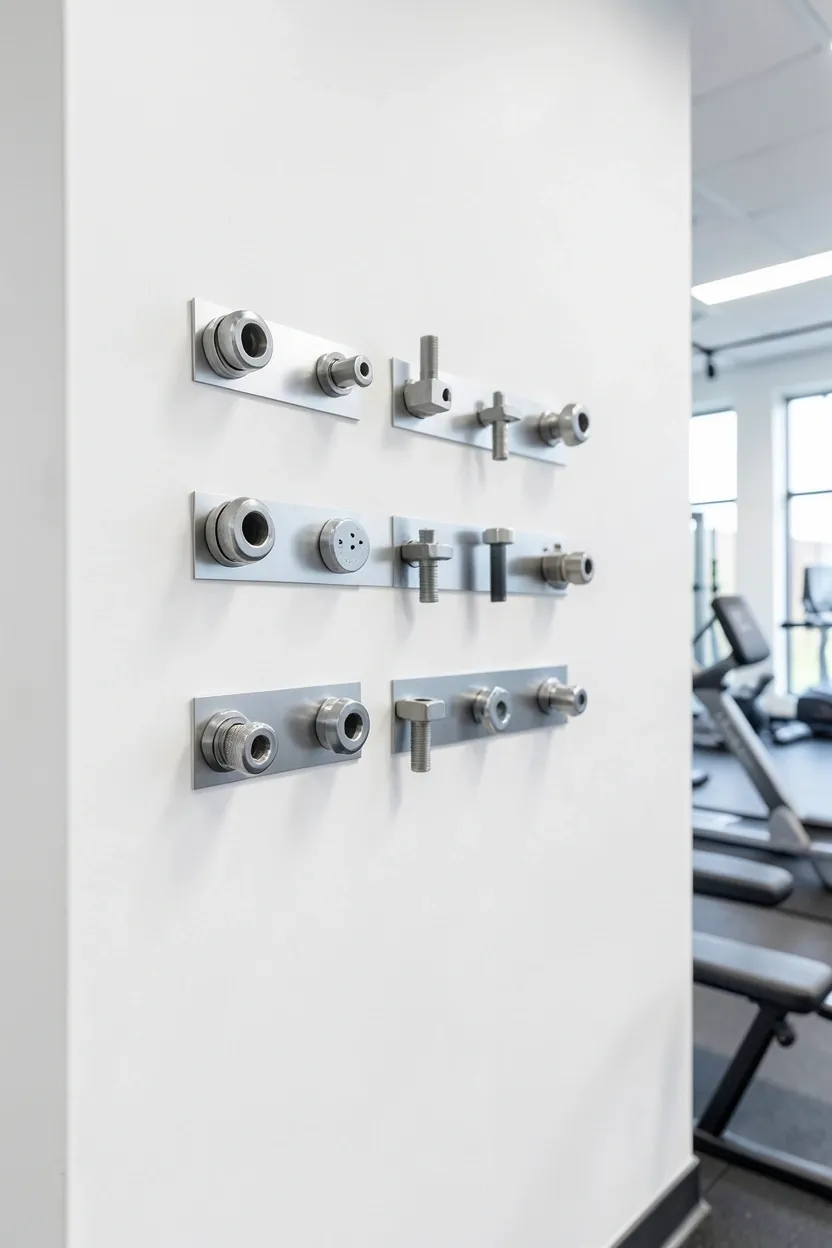 Industrial magnetic wall strips holding metal weight collars and resistance band attachments in a minimalist home gym