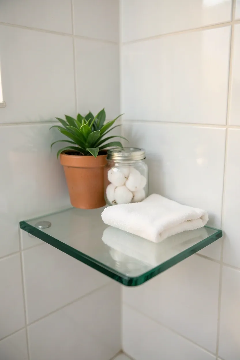 Tempered glass corner shelf mounted in a rental bathroom corner holding candles and small plant
