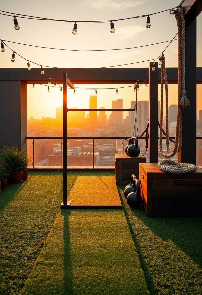 Rooftop terrace open-air gym with weatherproof equipment, artificial turf surface, city skyline view, and string lights overhead