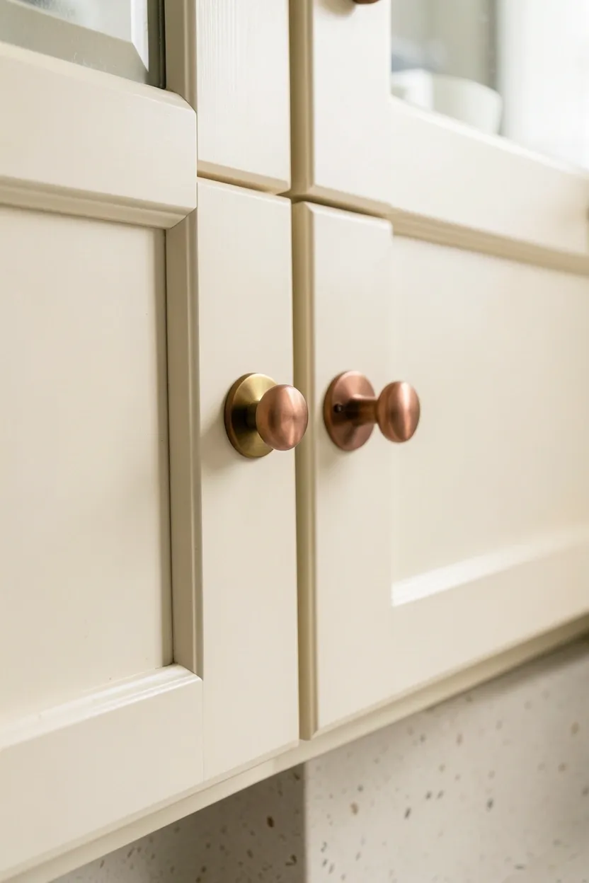 Mixed metal hardware on cabinet doors
