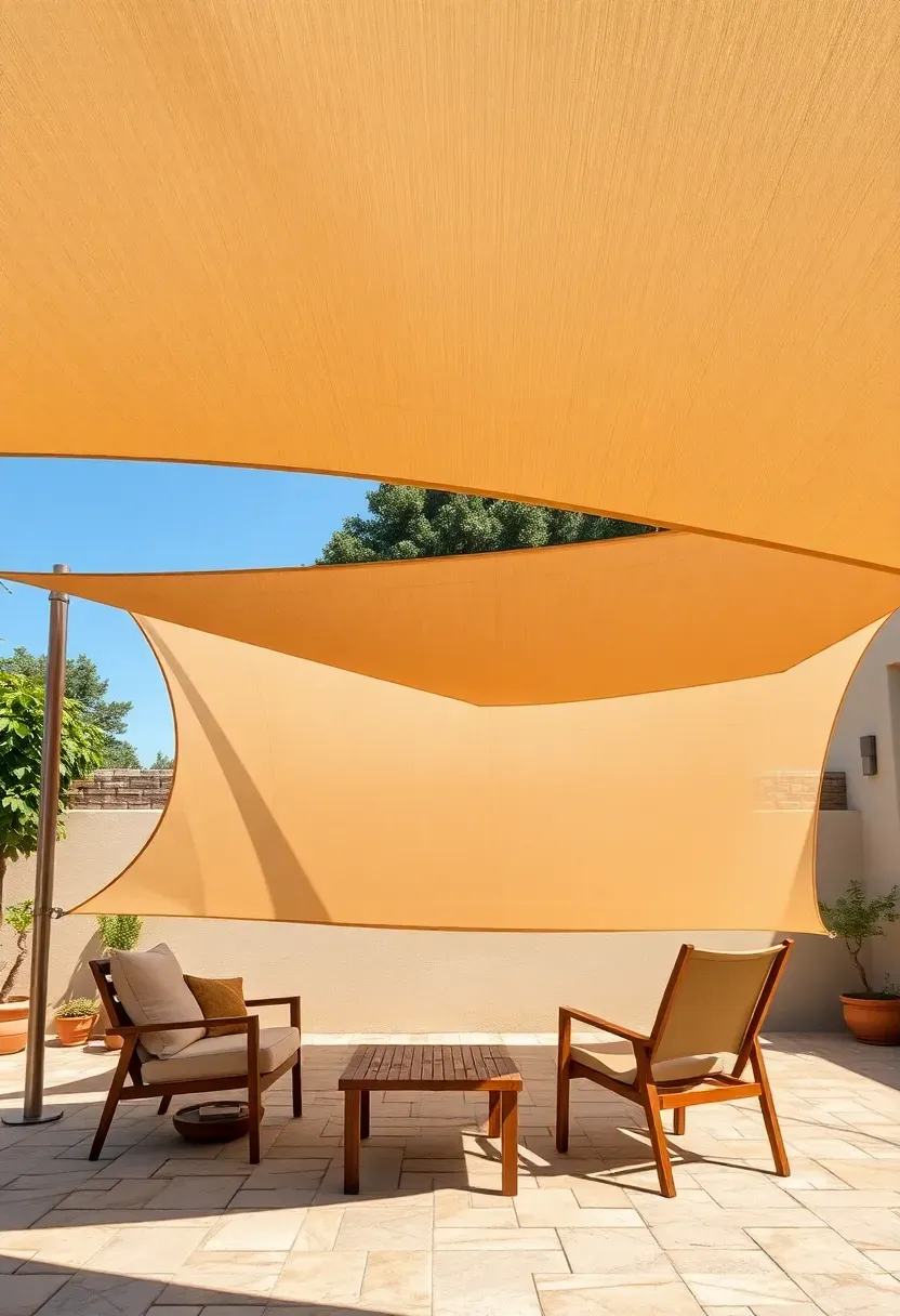 Triangular sail shades in overlapping earth tones creating dappled shade over a backyard seating arrangement