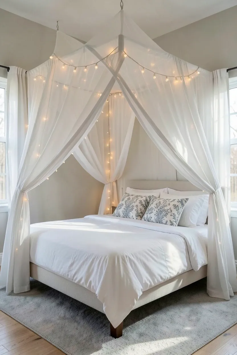 Sheer white fabric canopy draped from ceiling hooks over a teen bedroom bed with string lights inside