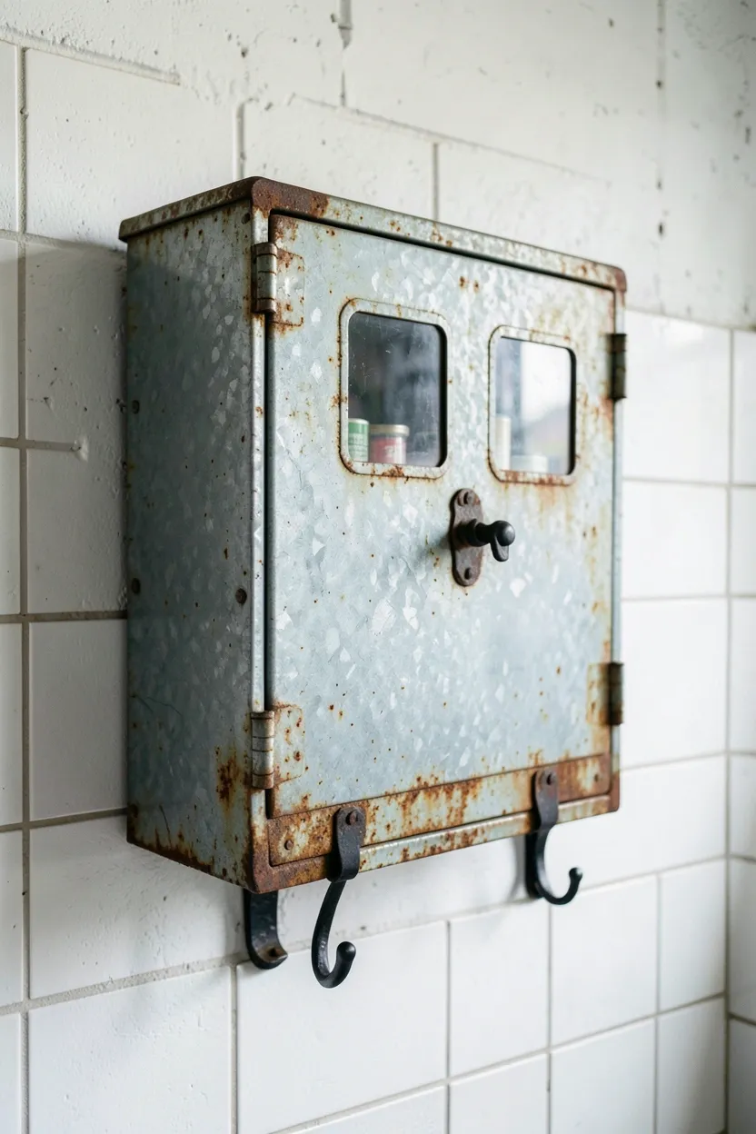 Hyper-realistic eye-level photograph of vintage metal medicine cabinet mounted on white concrete wall. Aged galvanized steel cabinet with rusted patina, industrial latches and hinges, small glass windows showing contents, black metal towel hooks below, subway tile wall. Materials: aged galvanized steel with rust and patina, black metal hardware, white painted concrete, black metal hooks, white ceramic tiles. Natural ambient light, nostalgic industrial atmosphere. Shallow depth of field, sharp details on metal aging and cabinet construction, balanced composition showing cabinet and wall. No text, no logos, no watermarks.</p>