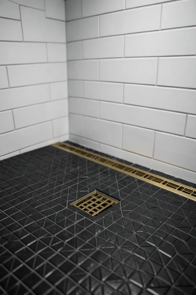 Black mosaic patterned shower floor with anti-slip texture and linear drain — sophisticated dark shower base with white tiled walls