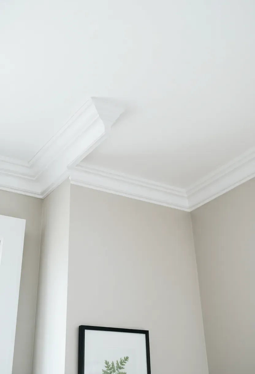 Bathroom ceiling with traditional white crown molding at the wall junction adding architectural detail