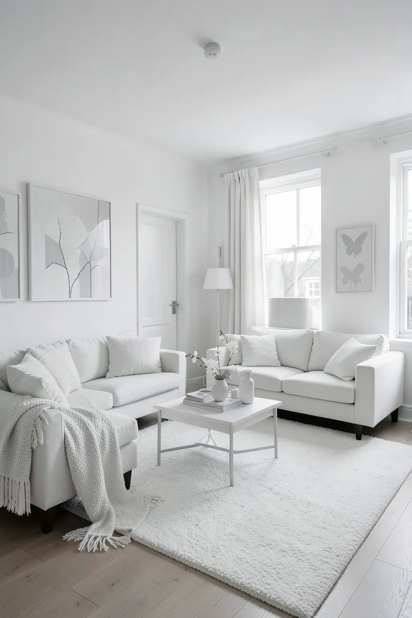 Monochromatic white and cream living room with varying textures — linen sofa, wool throw, and cotton cushions in a tiny Nordic rental