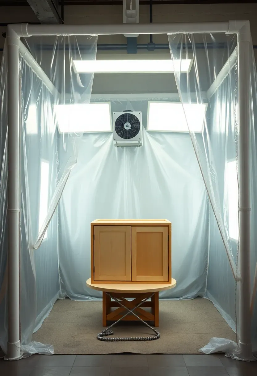 Dedicated spray finishing booth inside a garage workshop with exhaust fans, LED panel lighting, and plastic curtain walls
