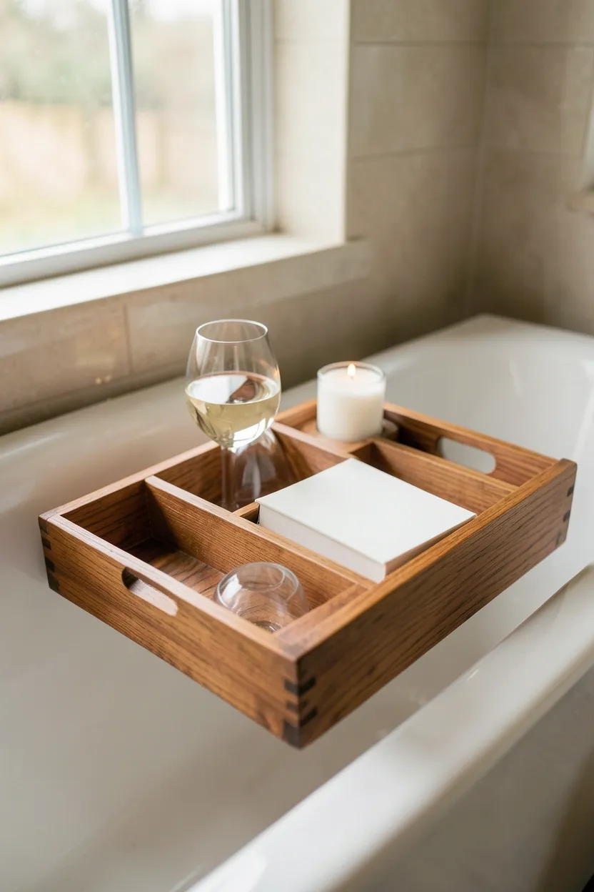 Multi-tiered bamboo plant stand in a corner of a small apartment bathroom displaying lush green ferns and pothos, natural wood tones against white tile