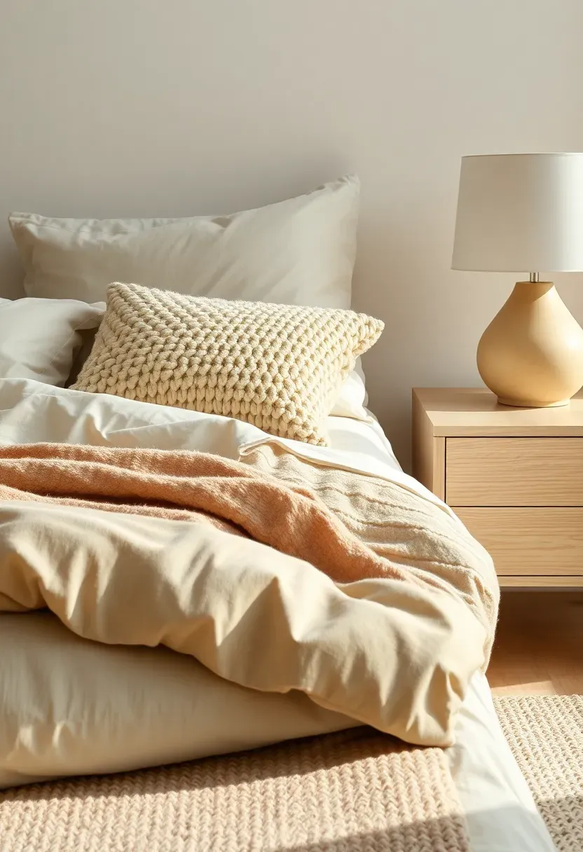 Hyper-realistic detail shot of monochromatic beige minimalist bedroom focusing on texture variety. Materials: cream linen duvet, chunky knit beige throw pillow, smooth velvet beige cushion, rough-hewn beige wool rug, sleek beige ceramic lamp, light beige wood nightstand. All items in beige/cream family but different textures and shades. Natural light highlighting texture contrasts. Color variation is subtle (cream to taupe range). Sharp focus on material textures. Visible room context showing calming monochromatic space. No text, no logos, no watermarks.</p>