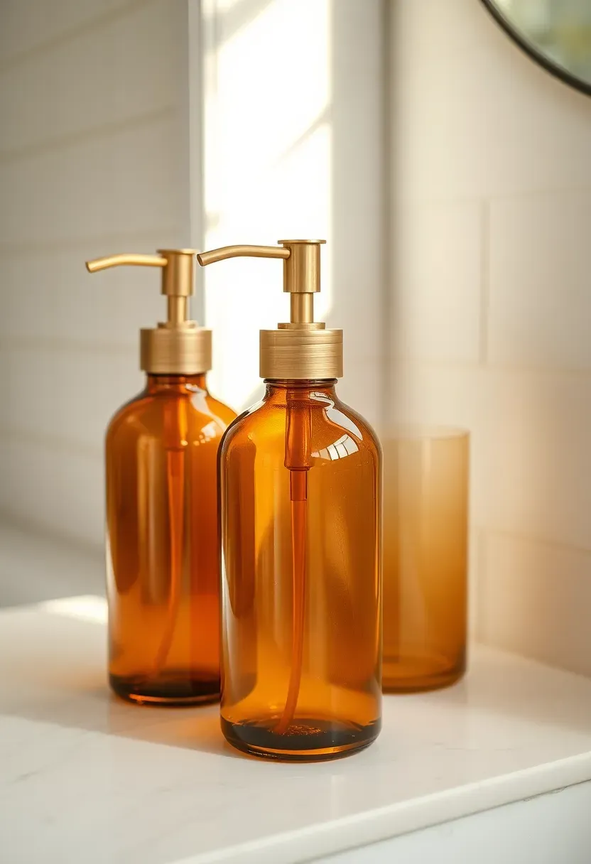 amber glass apothecary bottles with hand soap shampoo and conditioner on bathroom counter