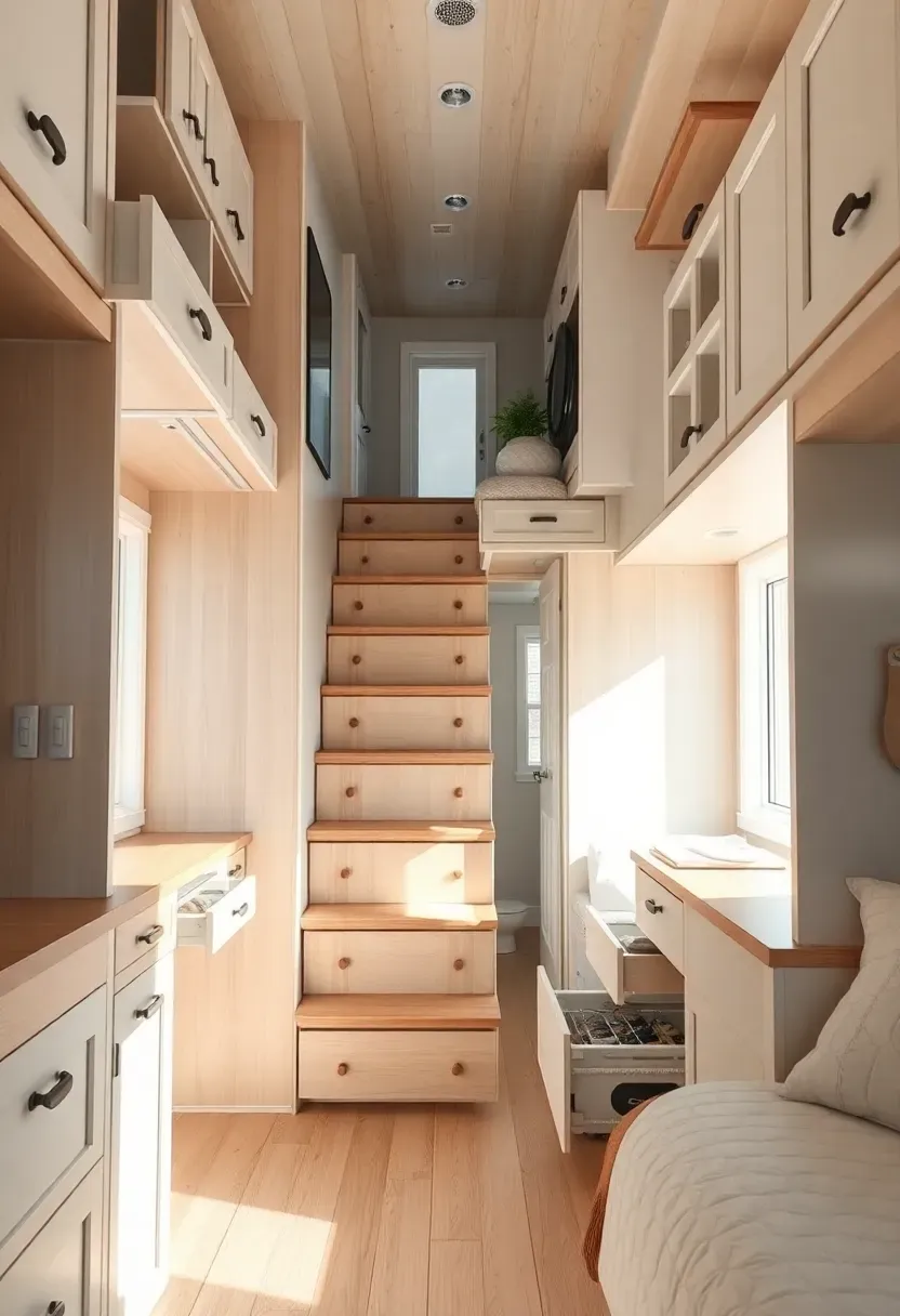 Hyper-realistic interior view showing storage solutions throughout tiny house: under-stair cabinets with pull-out drawers, floor-to-ceiling pantry with pull-out shelves, storage loft above bathroom, hidden compartments in floor, under-bed storage drawers. Open layout showing multiple storage zones. Light wood with white cabinet interiors. Bright natural light showing organization. Practical minimalist mood. Sharp details on storage mechanisms. No text, no logos, no watermarks.</p>